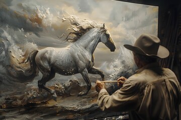 An artist capturing the beauty of a horse in a detailed oil painting, its spirit shining through