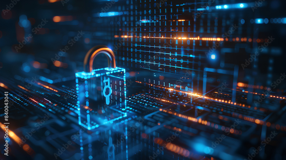 Poster digital padlock on abstract cyber security technology blue background with binary code