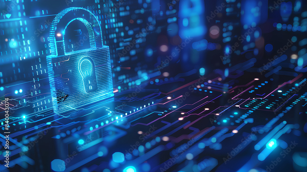 Poster digital padlock on abstract cyber security technology blue background with binary code