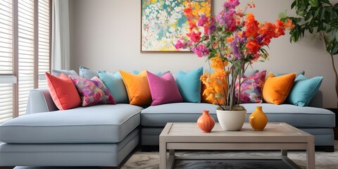 Modern living room with modular sectional sofa potted flowers and colorful accents. Concept Living Room Decor, Modular Sofa, Potted Flowers, Colorful Accents