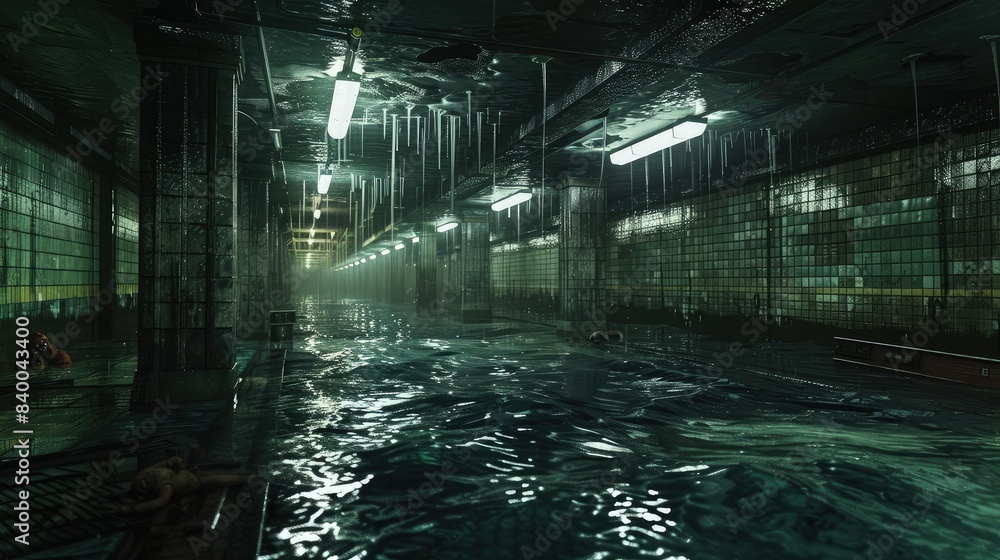 Poster a flooded underground subway station, dimly lit and echoing with the sound of dripping water, creati