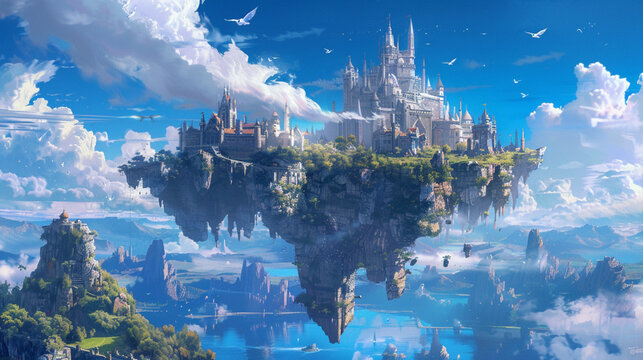 illustration of floating kingdom, floating isalnd, fantasy art, game art, concept art