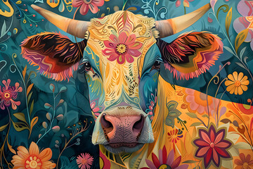 Beautiful Cow or Bull Colorful Illustration. Intricate Details, Children's Book Illustration Style. Created with Generative AI