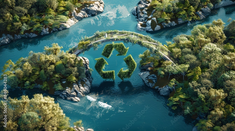 Poster an uplifting photorealistic artwork of the recycling symbol forming a bridge between two diverse lan