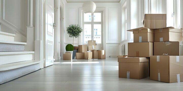 Boxes waiting to be unpacked on moving day into a new home. Concept New Beginnings, Unpacking Boxes, Moving Day, Settling In, Home Sweet Home