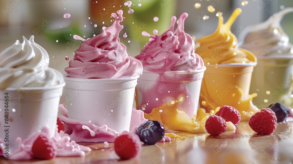 Poster close up various delicious cup of ice cream on wooden table with splash of fruit juice. generative a