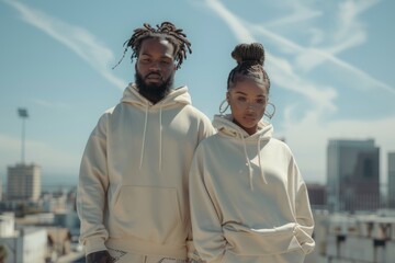 African American man and woman wearing plain cream colored hoodies, streetwear style in front of a city background. The trendy fashion photography shows a full body shot