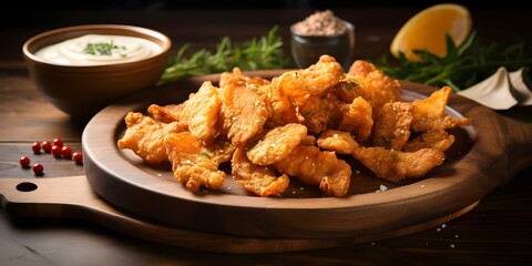 Crispy chicken chips on a wooden plate with a shiny floor. Concept Food Photography, Crispy Snacks, Wooden Table Setting, Shiny Background, Appetizing Presentation