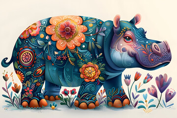 Beautiful HIppopotamus Colorful Illustration. Intricate Details, Children's Book Illustration Style. Created with Generative AI