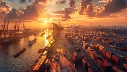 An aerial view of the bustling port with cargo containers and trucks, set against an epic sunset sky. The scene captures the essence of global trade and logistics in action