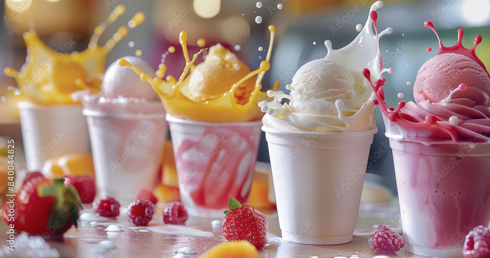 Poster close up various delicious cup of ice cream on wooden table with splash of fruit juice. generative a