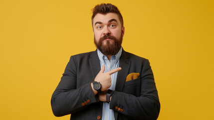 a man with a beard and mustache, dressed in a dark blazer and a light blue striped shirt, standing against a yellow background. He has a serious expression on his face and is pointing to a smartwatch
