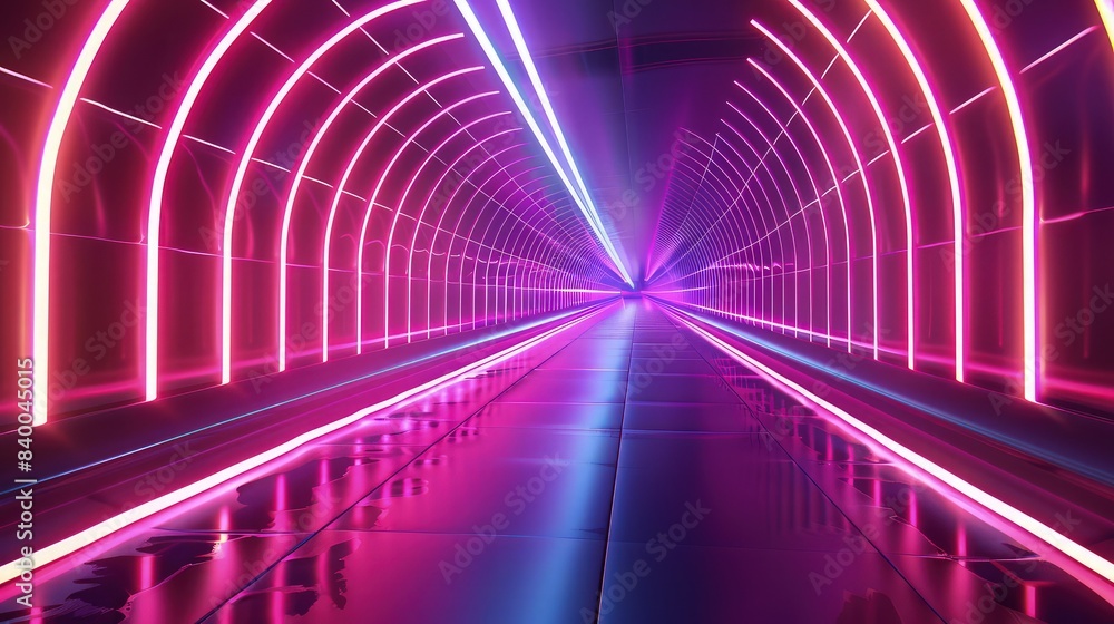 Poster a futuristic neon tunnel with a perspective view leading into infinity, lined by pulsating lights th