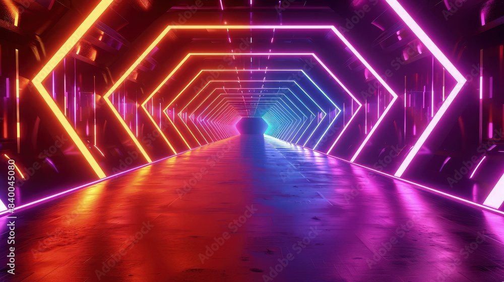 Poster a futuristic neon tunnel with a perspective view leading into infinity, lined by pulsating lights th