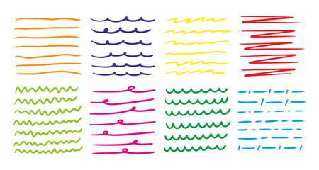 Hand drawn color lines by pen. Doodle strokes, underlines by pencil. Brush scribbles, frames, borders, design elements.