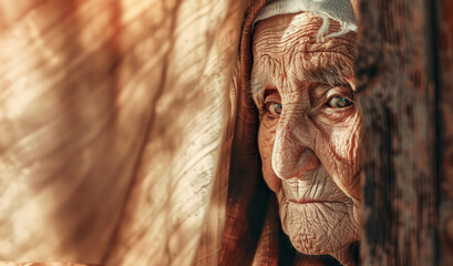 Intimate portrait of an elderly refugee man, his face marked by time and stories, with light casting shadows across his features
