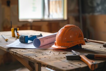 A safety helmet and rolled-up blueprints on a wooden table with construction tools scattered around