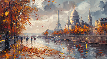 paris landscape painting riverside, Generative AI