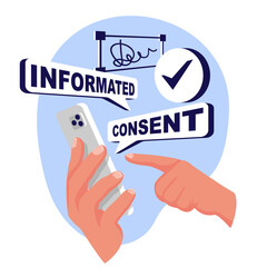 Man signs a form of information consent. The businessman signs the document. Phone in hand, information and consent online. Vector illustration flat design. Medical agreement.