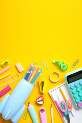 Back to school, education concept. Vertical banner design with school supplies on yellow background.