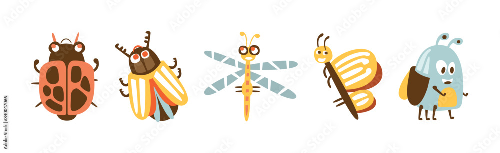 Poster funny insect character with cute smiling face vector set