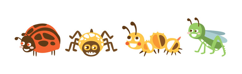 Funny Insect Character with Cute Smiling Face Vector Set