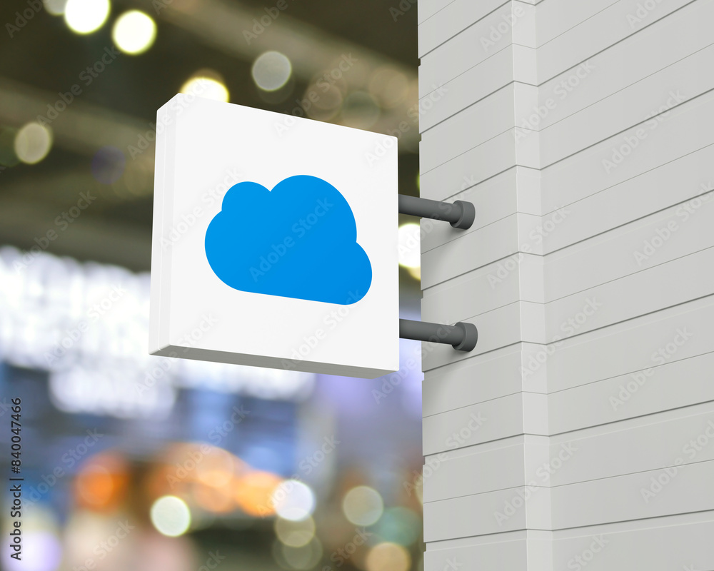 Poster cloud computing icon on hanging white square signboard over blur light and shadow of shopping mall, 