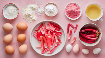 Fototapeta premium Flat lay of baking ingredients including fresh rhubarb, eggs, flour, sugar, and butter on a pink background. The arrangement is clean and organized, ideal for themes of baking, recipes, and culinary