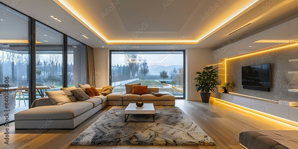 Poster modern apartment with large windows designed using advanced technology for natural light. concept mo