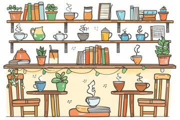 Cartoon cute doodles of a cozy coffee shop with steaming mugs and books on shelves, Generative AI