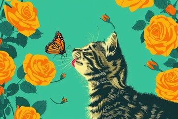 Obraz premium A kitten playing with a butterfly near a rose bush