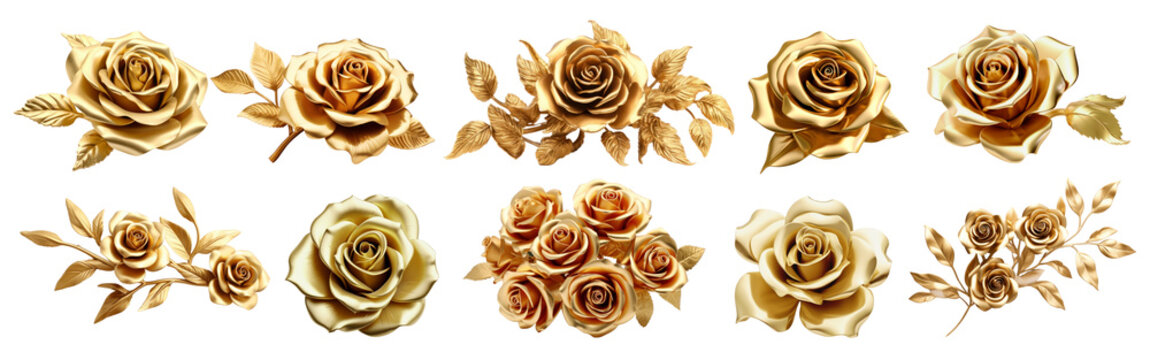3D gold Roses flowers png on transparent background