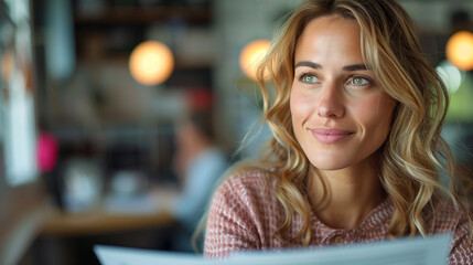 A woman with long blonde hair sits in a cafe, her eyes looking off to the side, lost in thought. The warm lighting and soft focus create a peaceful atmosphere