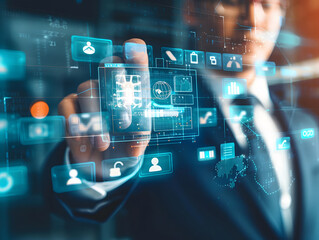 Obraz premium Digital identification or digital ID concept. Accessing databases by digital identity for cyber security. Businessman show digital identification cards on virtual screen design