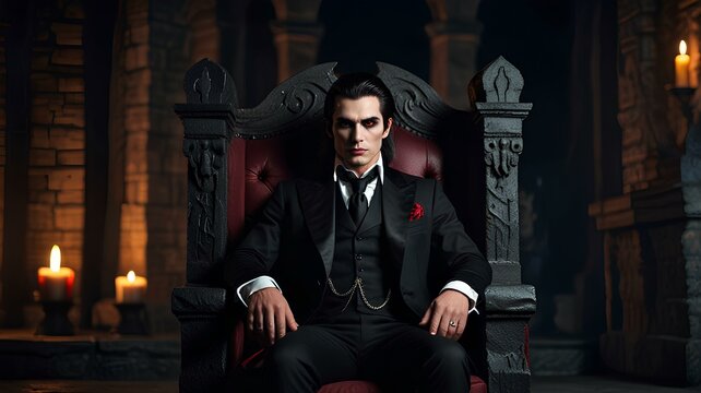 Handsome scary male vampire with fangs, in black fancy suit, sitting in darkness throne on castle background, with copy space.
