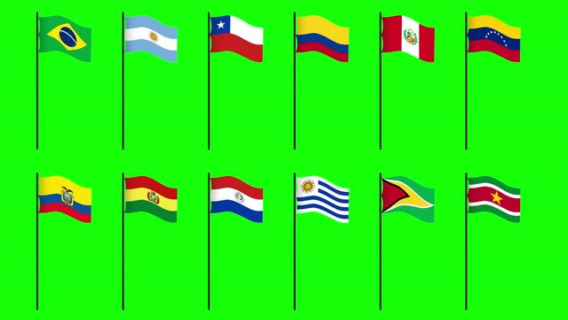 Country Flags Waving South America Set. Seamless loop isolated animation with transparency Green Screen and Luma Matte (black and white mask)