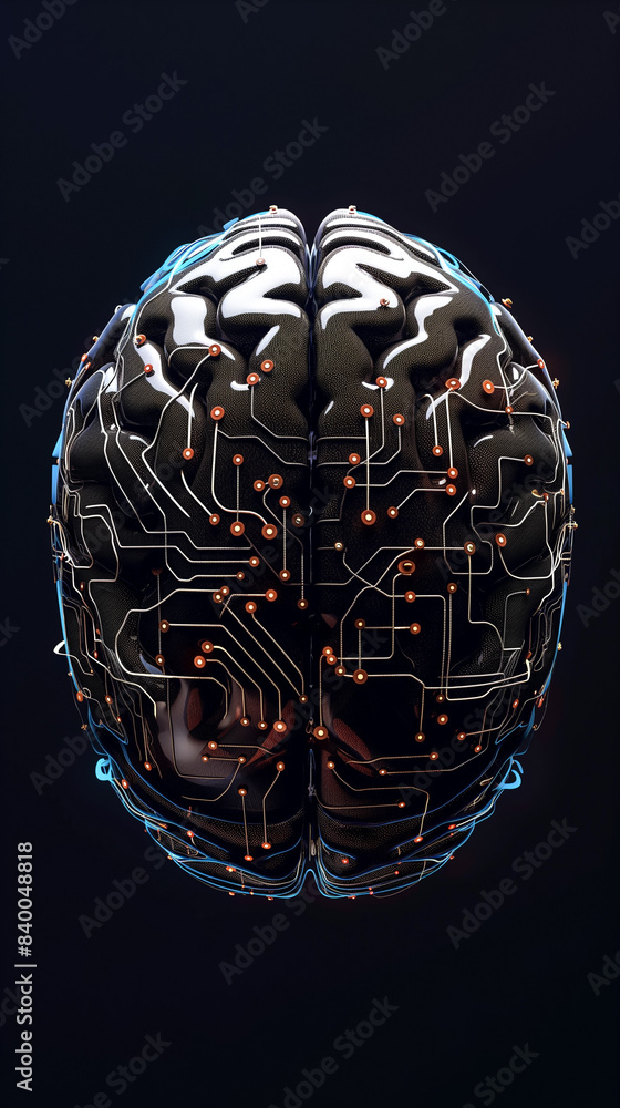Poster photograph a stylized representation of a human brain with circuitry and digital elements integrated