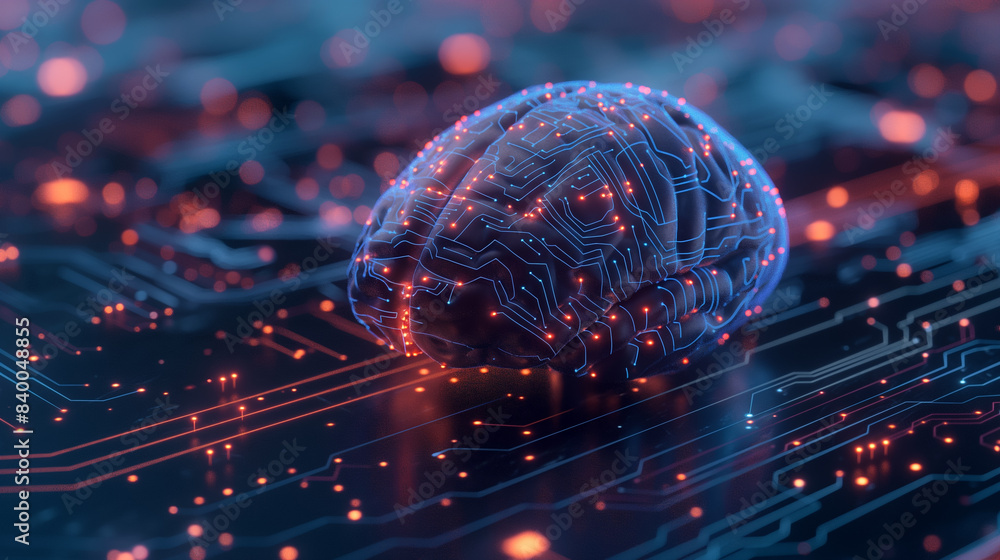 Poster photograph a stylized representation of a human brain with circuitry and digital elements integrated