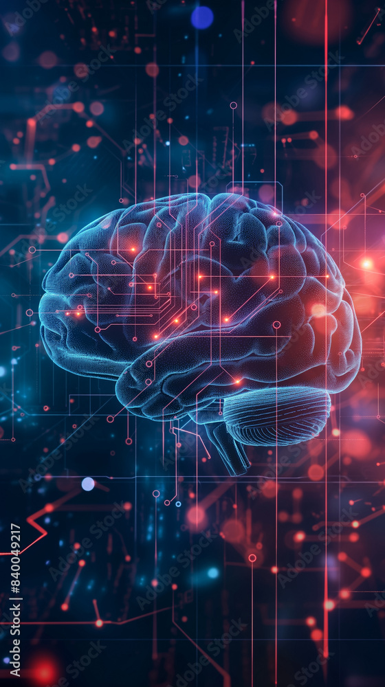 Poster photograph a stylized representation of a human brain with circuitry and digital elements integrated