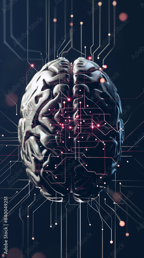 Poster photograph a stylized representation of a human brain with circuitry and digital elements integrated
