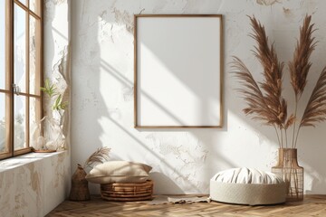 Poster frame mockup in minimalist brown interior created with generative ai