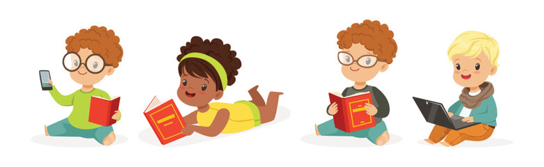Cute Kids Using Modern Mobile Gadget and Book for Reading Vector Set