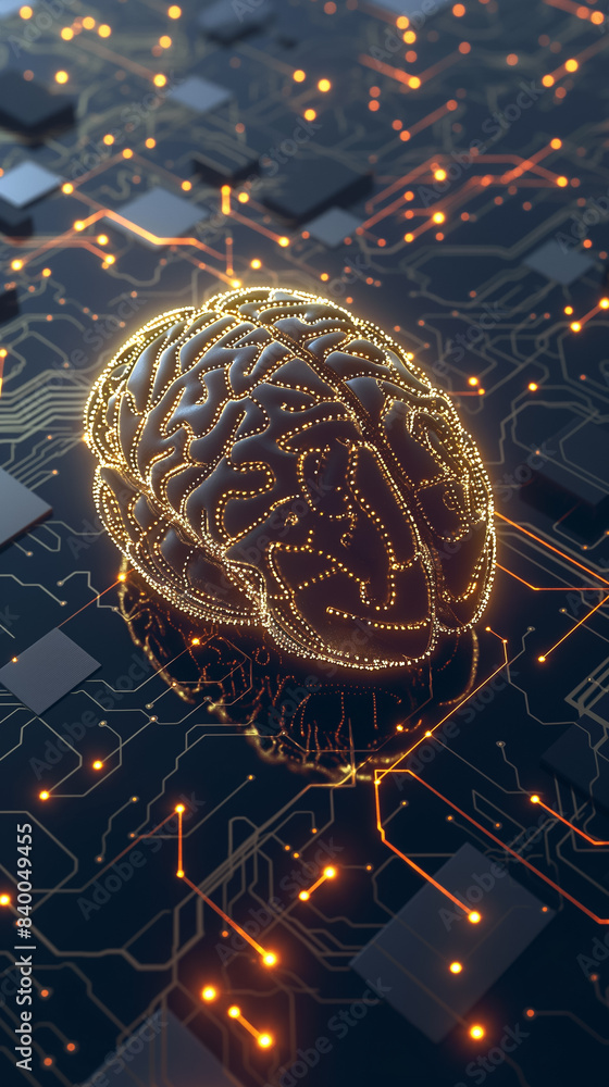 Poster photograph a stylized representation of a human brain with circuitry and digital elements integrated