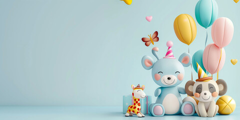 Fototapeta premium Lustiges Tier mit Luftballon auf farbigen Hintergrund. Einladungskarte für Baby oder Kindergeburtstag.