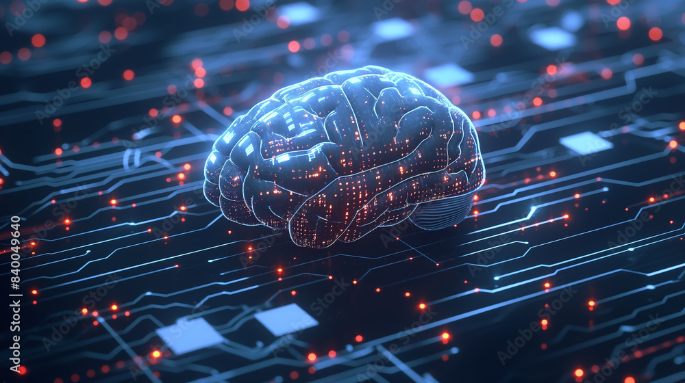 Poster photograph a stylized representation of a human brain with circuitry and digital elements integrated