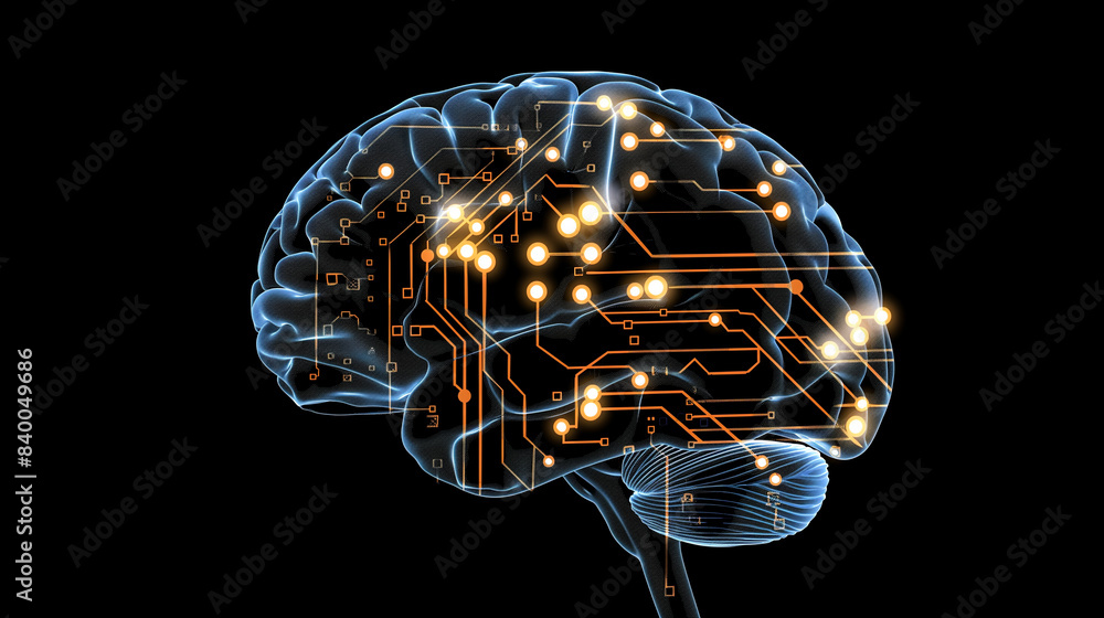 Poster photograph a stylized representation of a human brain with circuitry and digital elements integrated