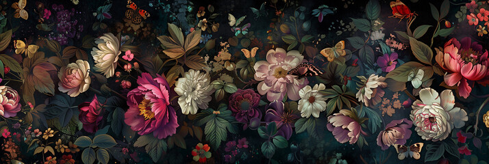 dynamic beautiful fantasy vintage wallpaper botanical flower bunch,vintage motif for floral print digital background