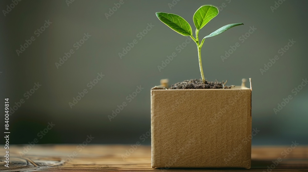 Poster elegant cardboard box featuring a sprouting plant, simple background. generative ai.