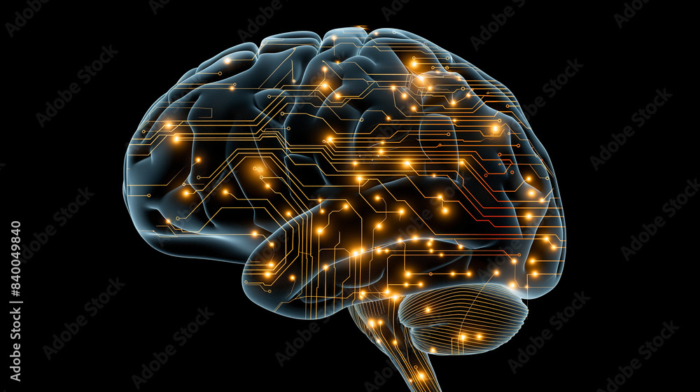 Poster photograph a stylized representation of a human brain with circuitry and digital elements integrated