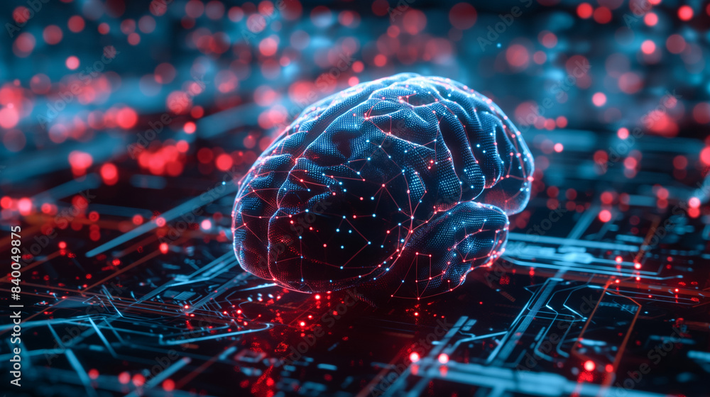 Poster photograph a stylized representation of a human brain with circuitry and digital elements integrated